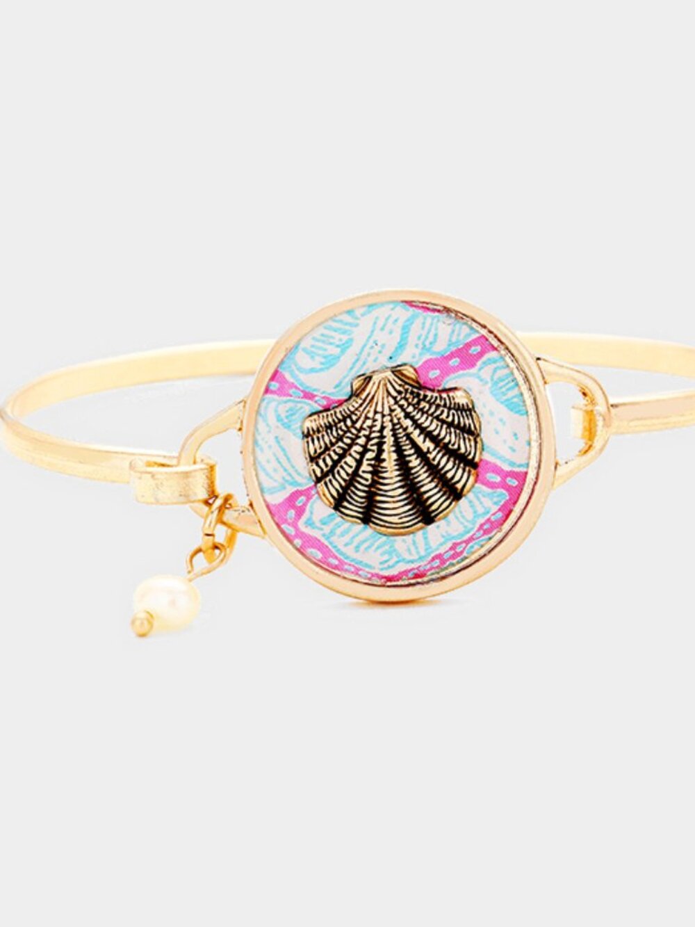 Patterned Shell Pearl Charm Hook Bangle Bracelet - Nautical Beach Jewelry